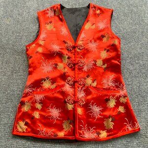 VTG Peony Brand Chinese Vest Womens M Reversible Red‎ Black Floral Frog Closure